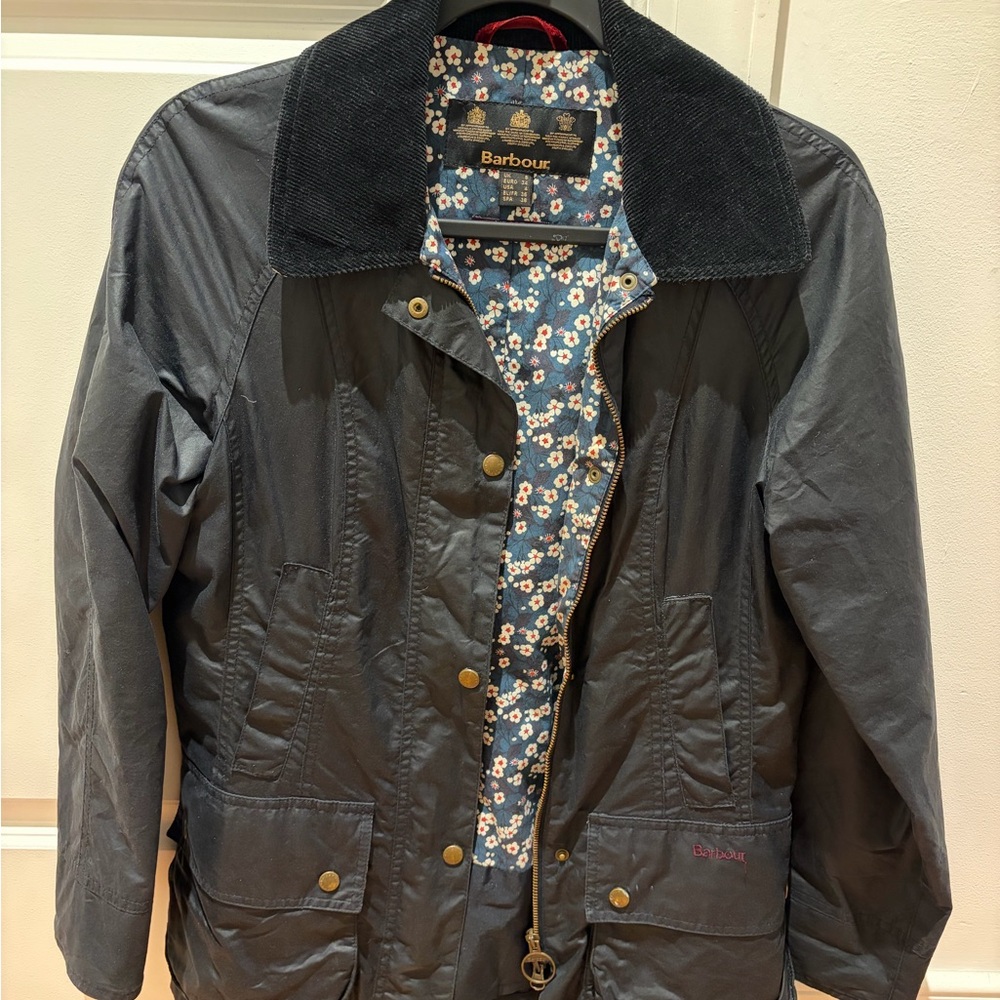 Barbour Women's Navy waxed Jacket vintage, art series, poppies